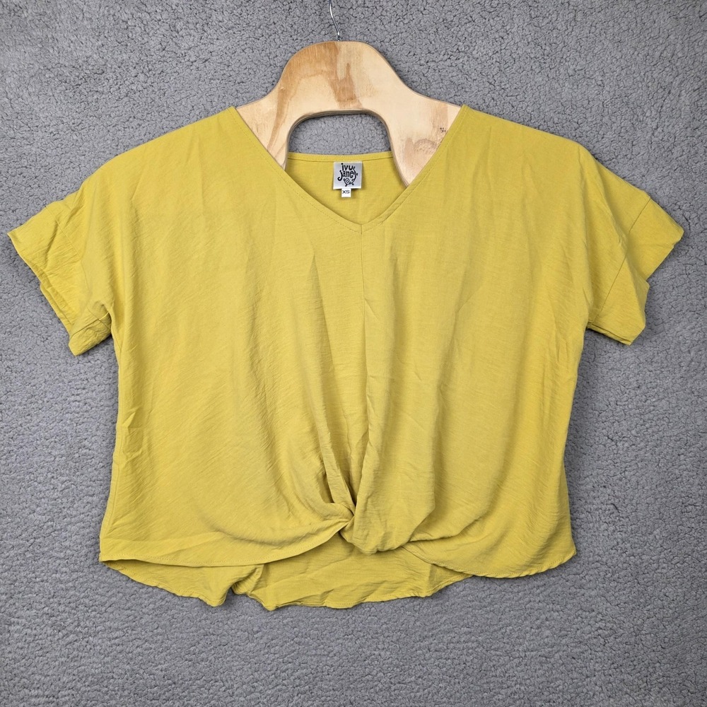 Ivu Jane Blouse Womens XS Yellow Twist V Neck Cropped Short Sleeve Made‎ USA
